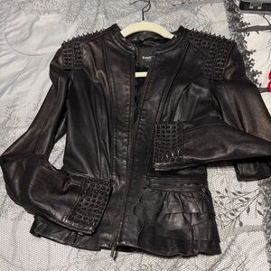 Bebe Dark Real Leather Jacket with Stud Accents
